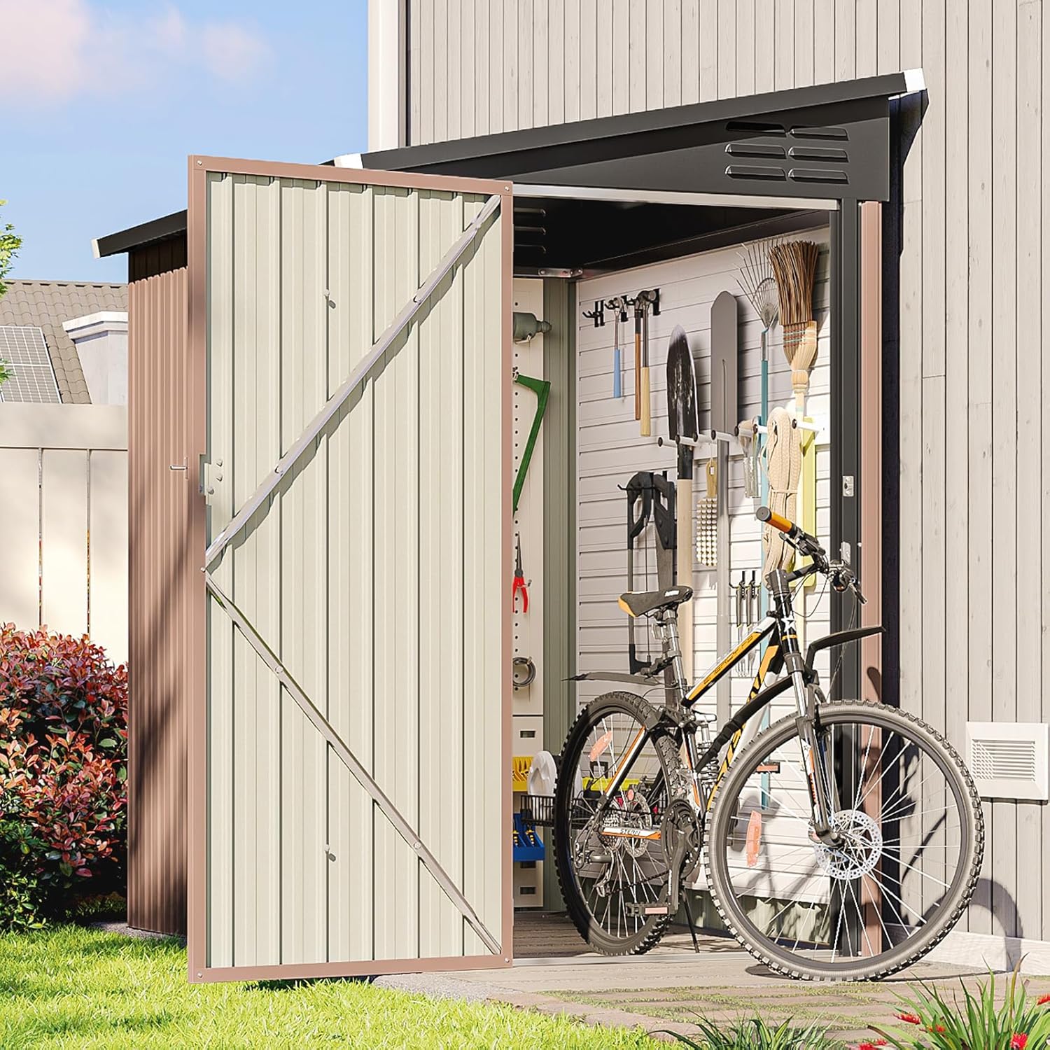 6x4 FT Lean to Shed, Outdoor Metal Storage Shed, Utility Steel Tool Shed with Lockable Door for Bike, Garden, Backyard, Patio, Lawn
