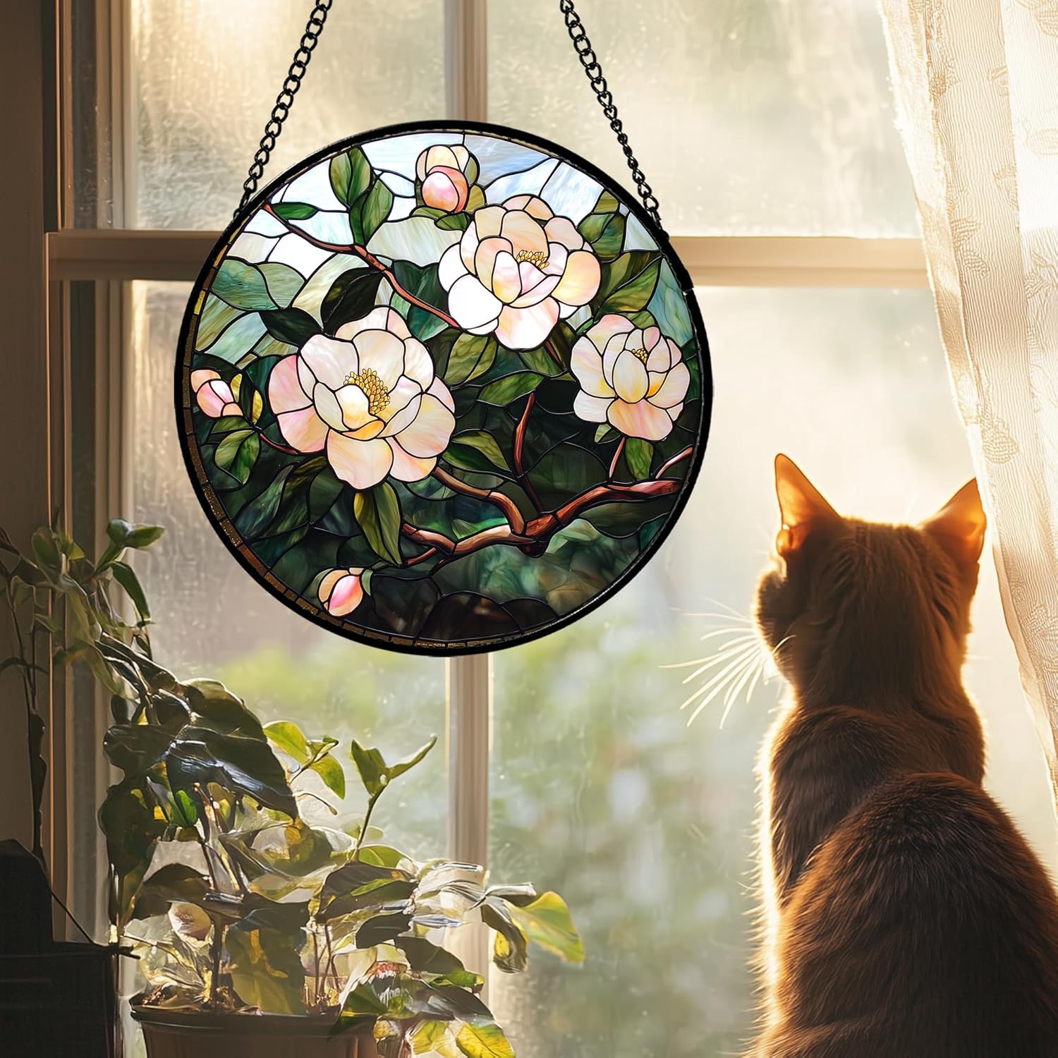 Stained Glass Suncatcher, Light Pink Flowers Green Leaf Sun Catcher Plant Stain Glass Window Hanging Decoration Mother's Day Birthday Gifts for Women Men Mom Nana 7.8 in