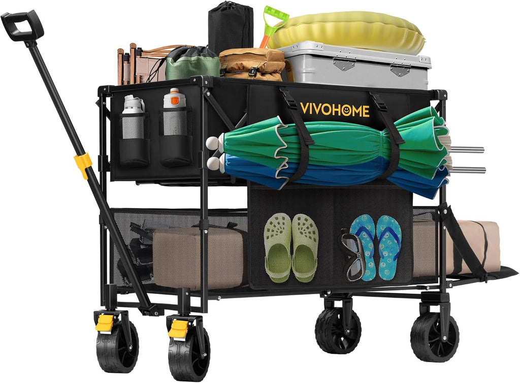 VIVOHOME 400L Large Capacity Double Decker Collapsible Wagon 500lbs Heavy Duty Utility Folding Cart with Big Wheels 53" Extended for Camping, Sports