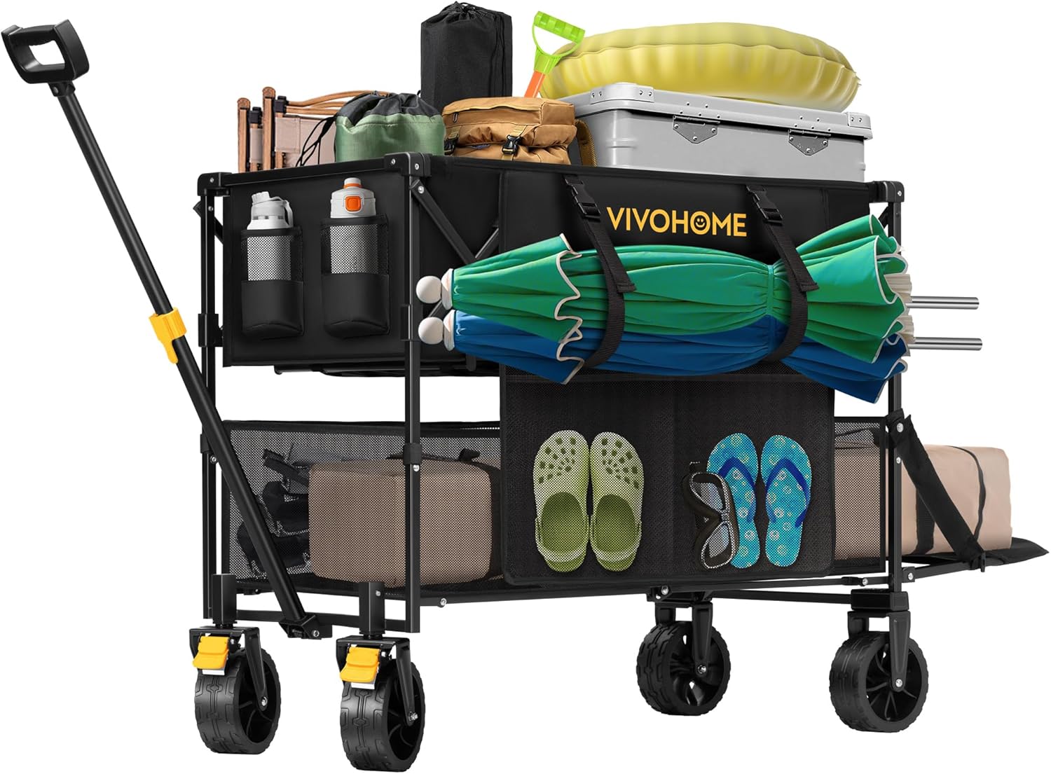 VIVOHOME 400L Large Capacity Double Decker Collapsible Wagon 500lbs Heavy Duty Utility Folding Cart with Big Wheels 53" Extended for Camping, Sports
