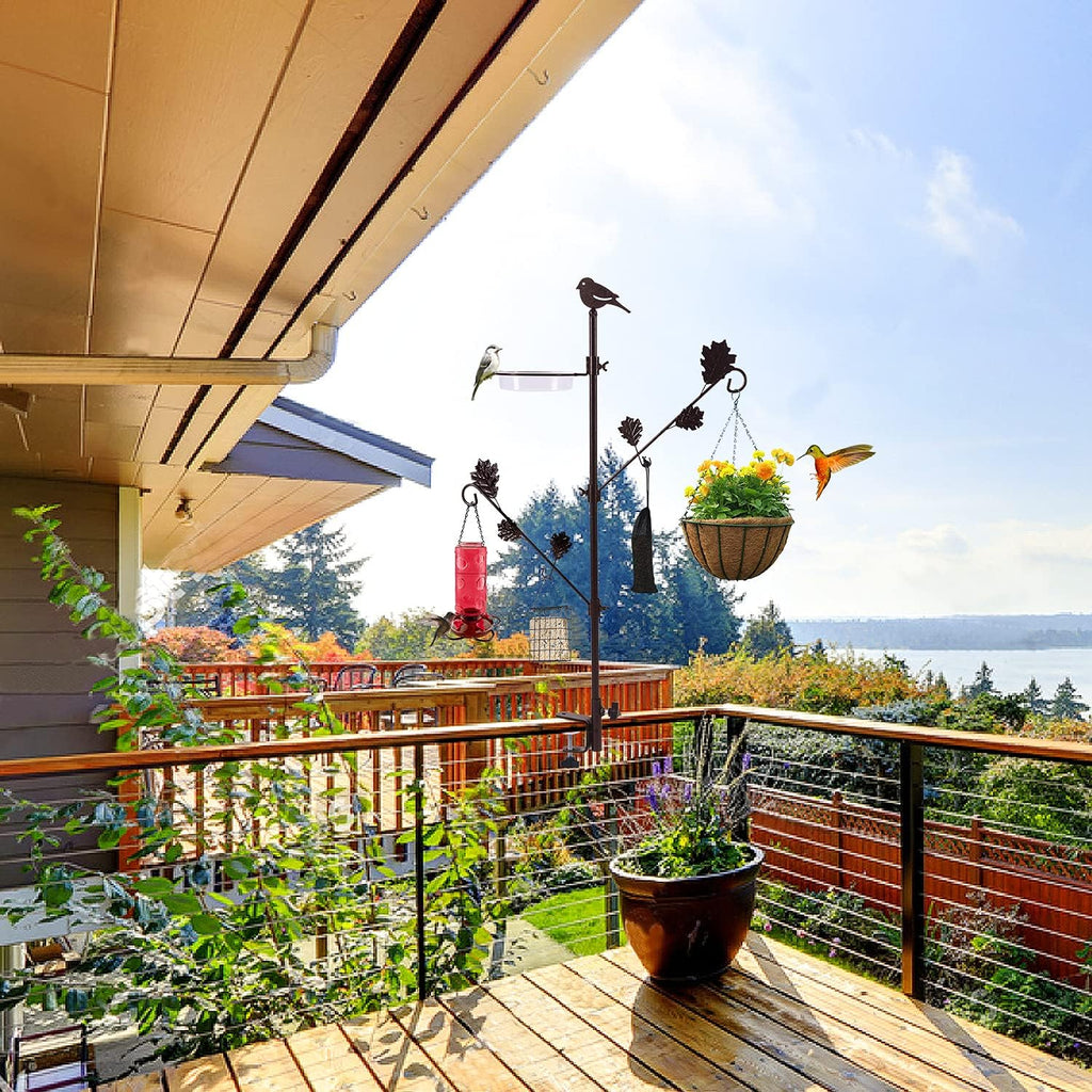 Urban Deco Deck Pole Porch Multi-Hook Bird Feeder Hooks for Deck Kit with Feeder Polyester and with 2 Adjustable Branches and Plastic Water Bowl