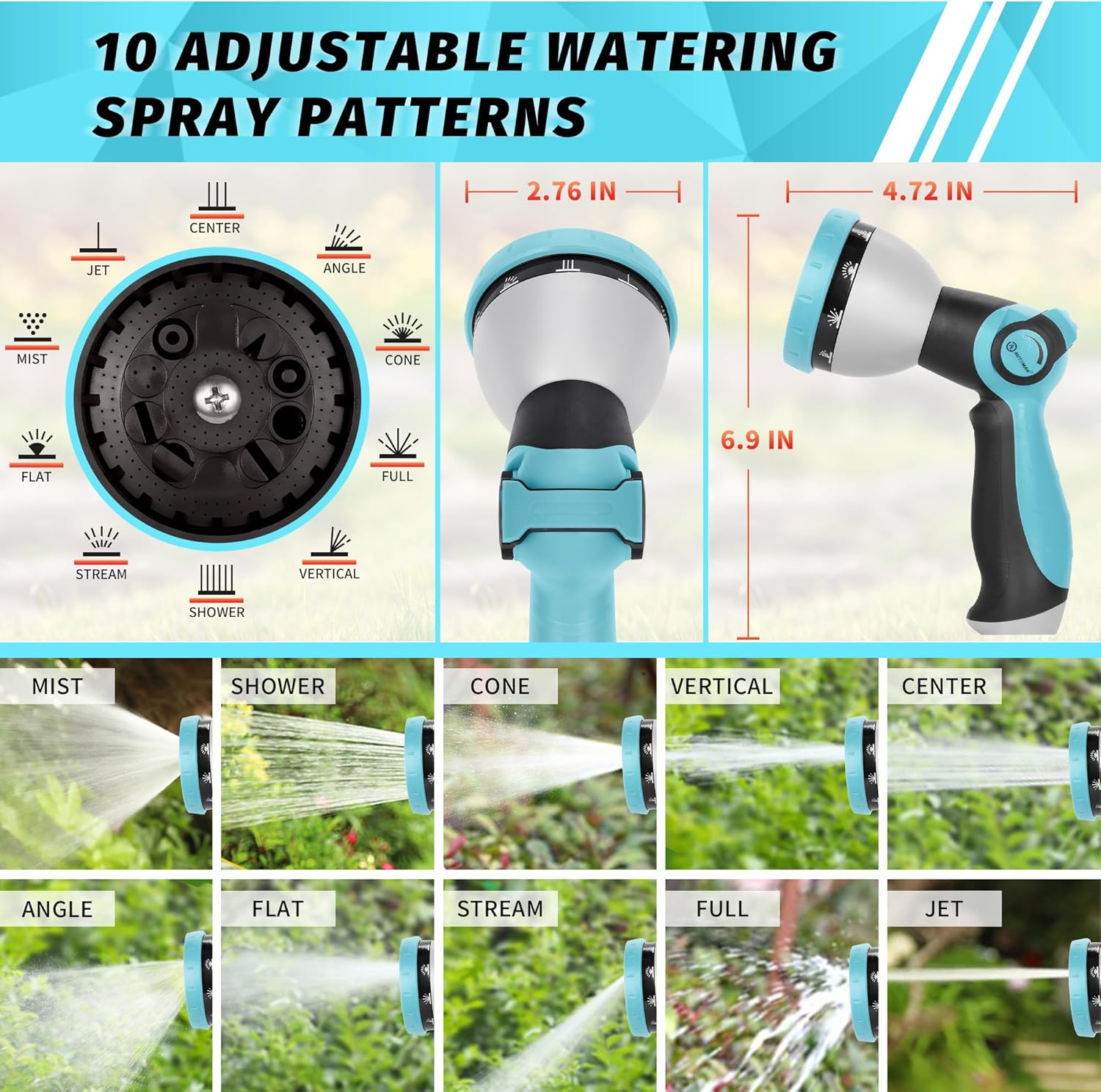 AUTOMAN Garden Hose Nozzle Sprayer - 10 Spray Patterns, High Pressure, Thumb Control On Off Valve, Metal Duty Water Nozzle, Extra 3 Washers, for Watering Garden, Cleaning, Washing Car, Showering Pets