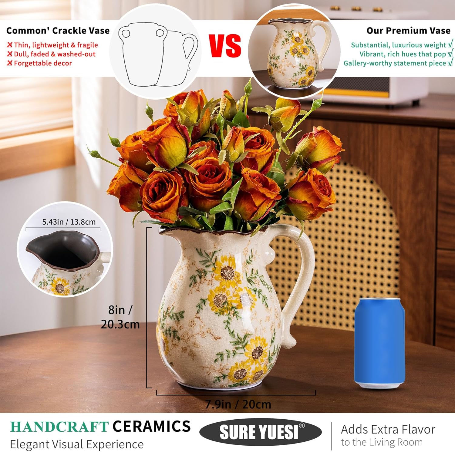 Sunflower Vintage Ceramic Yellow Floral Vase with Handle, Chinoiserie Floral Pitcher Vase, Rustic Ceramic Farmhouse Vases for Home Decor, Living Room, Bookshelf, Office, Grand Millennial Decor 7.9 in