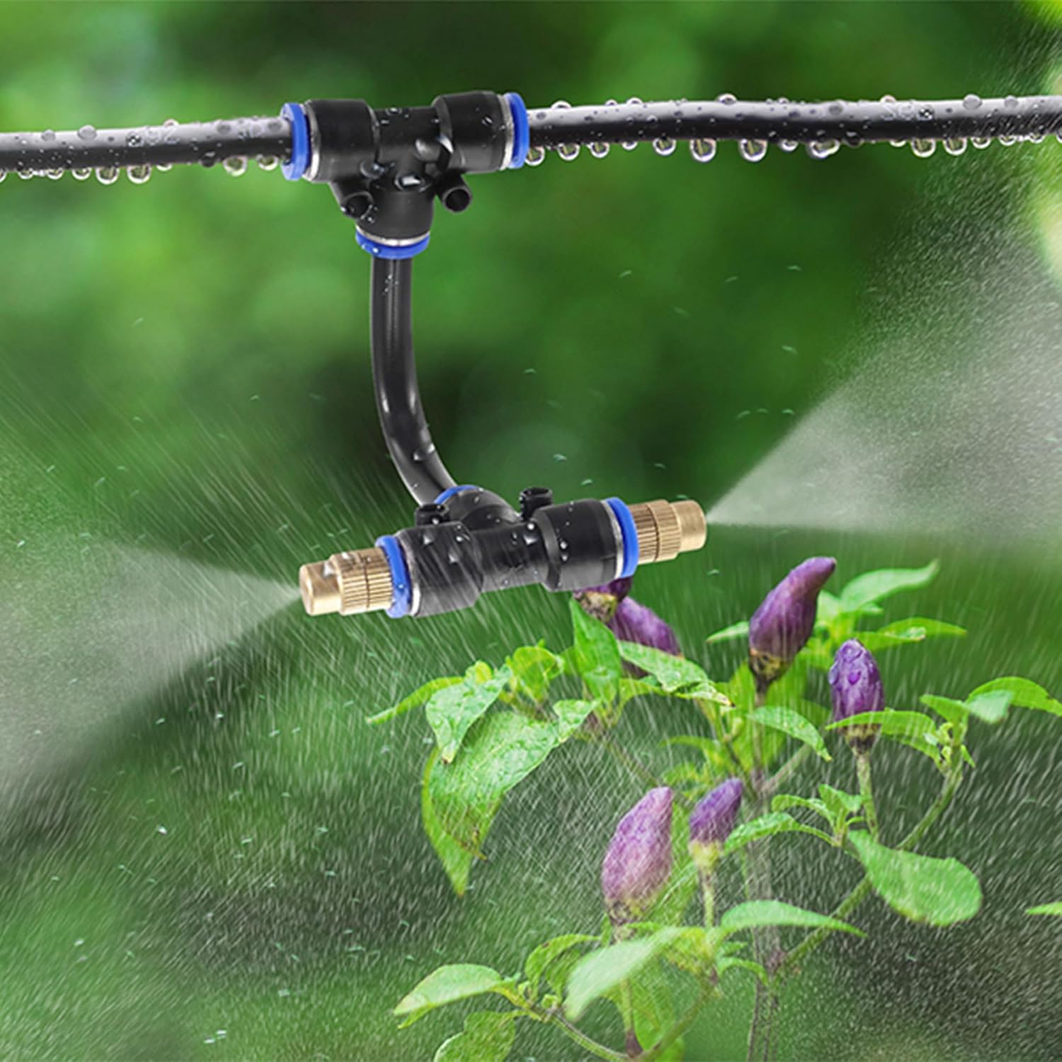 Mornajina 3Packs 2 Way Brass Misting Nozzles Tee with 12inch Built in Hose for Outdoor Cooling System, Adjustable 360° Rotation, Water Mister Nozzles Thread Sprayer 0.043" (1.1 mm)