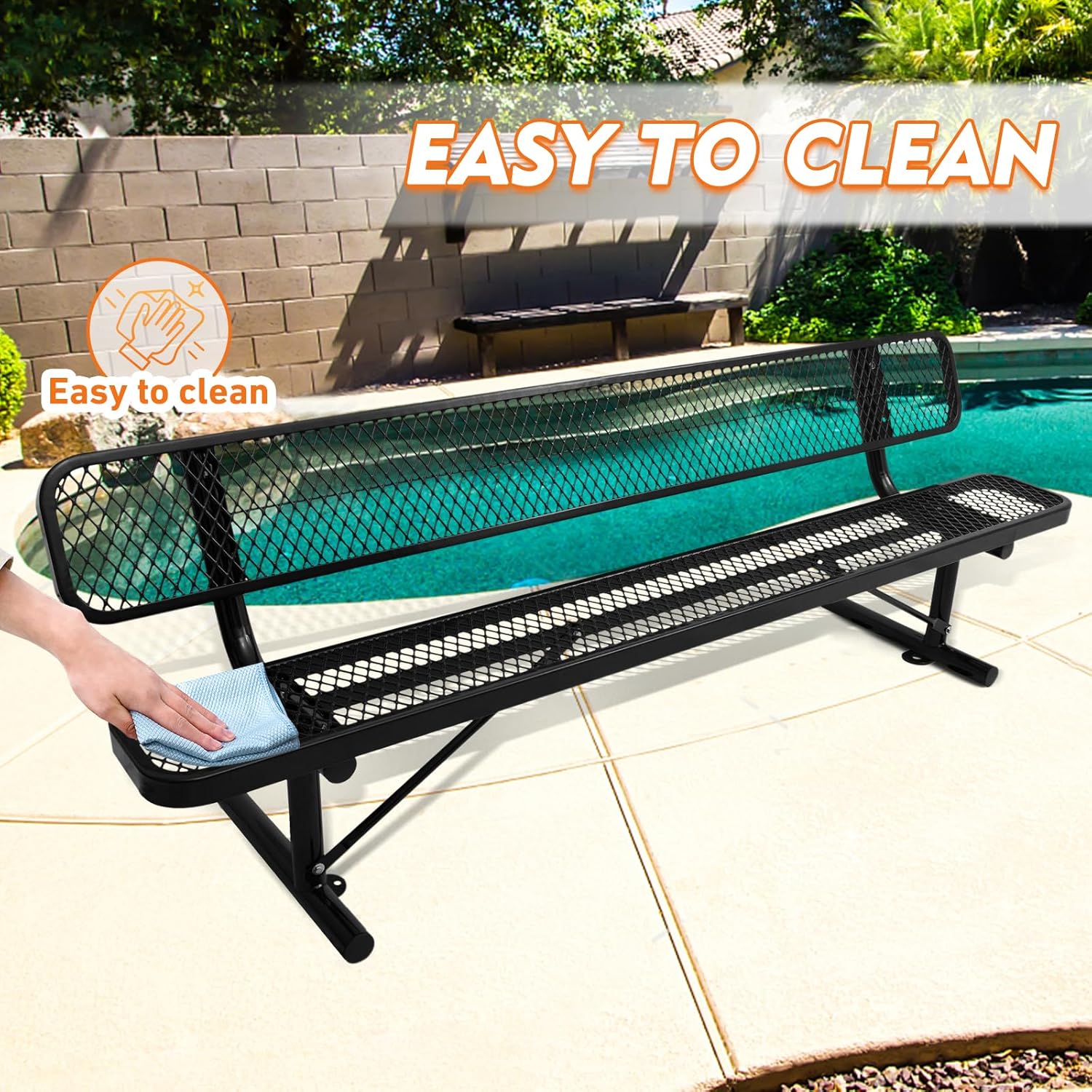 8Ft Outdoor Bench with Back Portable Frame, Outdoor Steel Park Bench with Backrest, Expanded Metal Mesh Bench for Outside, Lawn, Backyard, Park, Deck, Garden, Patio, Porch, Black