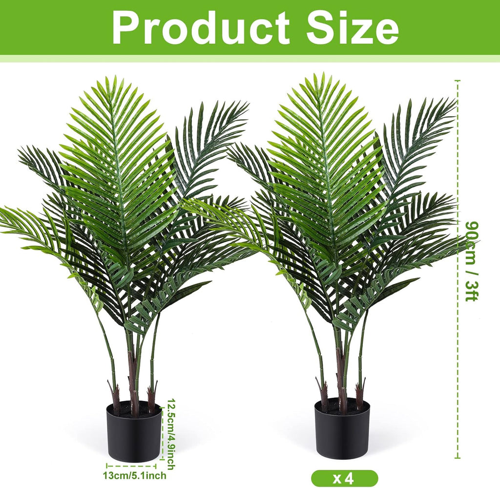 Jexine 4 Pack Artificial Palm Trees 3Ft, Fake Plants Fake Trees Artificial Areca Palm Plants for Outdoor Indoor Faux Tree in Pot for Pool Home Decor Office Housewarming Gift Modern Decoration
