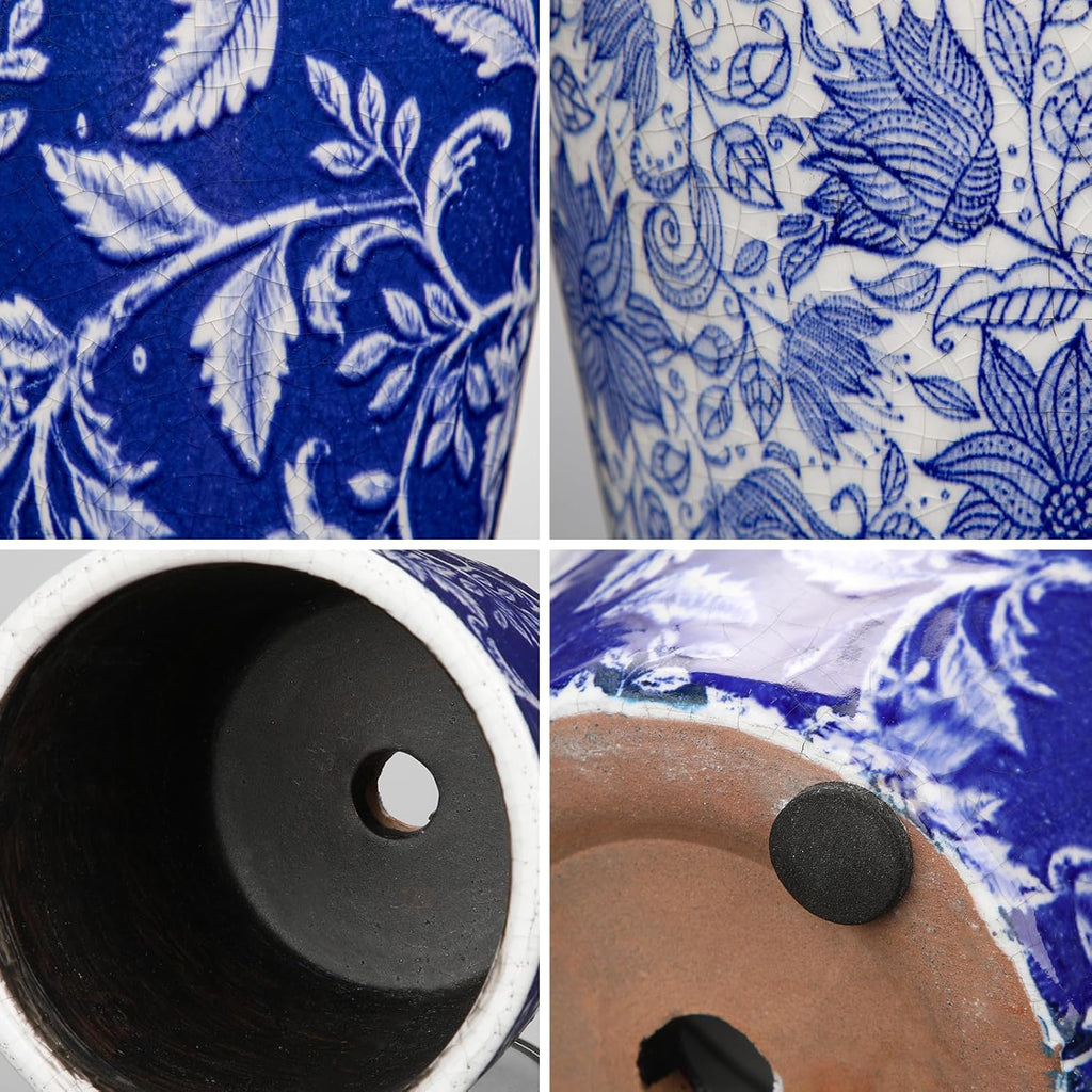 Set of 2 Ceramic Blue and White Plant Pots with Drainage Hole and Saucers, Vintage Farmhouse Accent Planters for Indoor Plants, Round Flower Pots Rustic Succulent Pots Terracotta Tubs 5.7/4.7 Inch