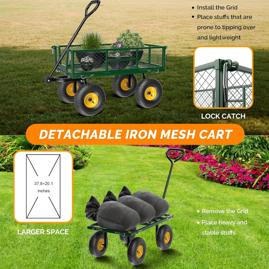 VINGLI Heavy Duty 880 LBS Mesh Steel Garden Cart, Detachable Utility Wheelbarrow, Yard and Garden Wagon Cart with Removable Sides and 10 Inch Wheels (Green)