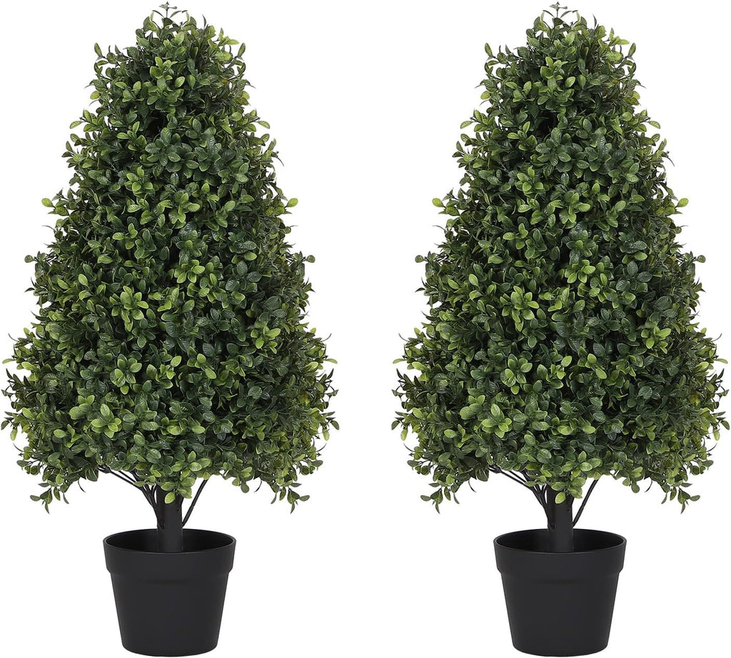 30" Boxwood Topiary Trees Artificial Outdoor Set of 2, UV Resistant Faux Plants for Front Porch Planters, Realistic Cone-Shaped Fake Bushes & Shrubs, 2.5ft Evergreen Decoration