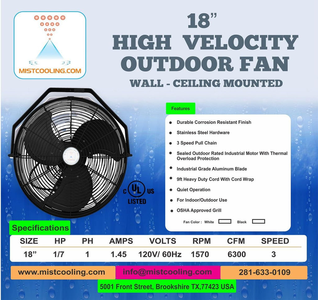Black 18 Inch Misting Fan - Patio Outdoor Mist Fan For Residential, Restaurant and Commercial Use