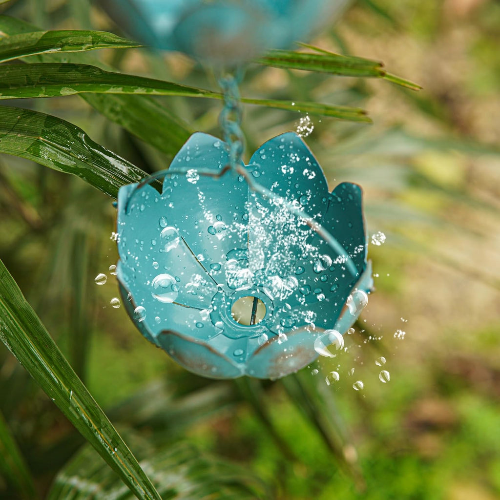 Metal Rain Chain Decoration 8.5FT., Rain Catcher Metal Chain Gutter Downspout 104'' for House Eaves, Garden & Home, Flower Cups Garden Decoration,Lake Blue