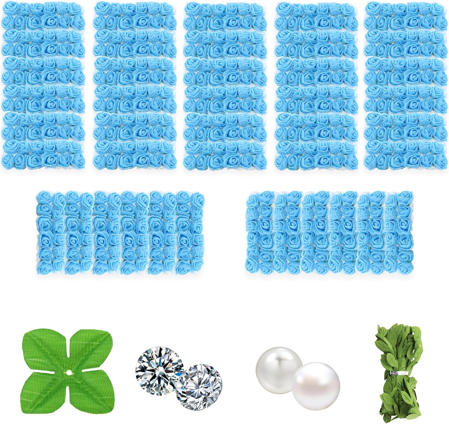 500 Pcs 0.6 Inch Mini Artificial Flowers Head Bulk 5 in 1 Set Faux Foam Fake Small Rose Tiny Baby Flores Bouquet Wreath Gift Hair Clip Home Decoration DIY Craft (Sky Blue)