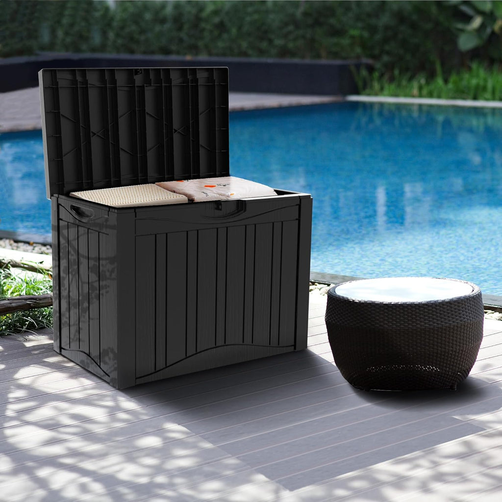 50 Gallon Outdoor Storage Box Waterproof Lockable Resin Deck Box Large, Patio Storage Bin for Pool Accessories Cushion Furniture, Garden Tools, UV-Resistant Outside Delivery Black
