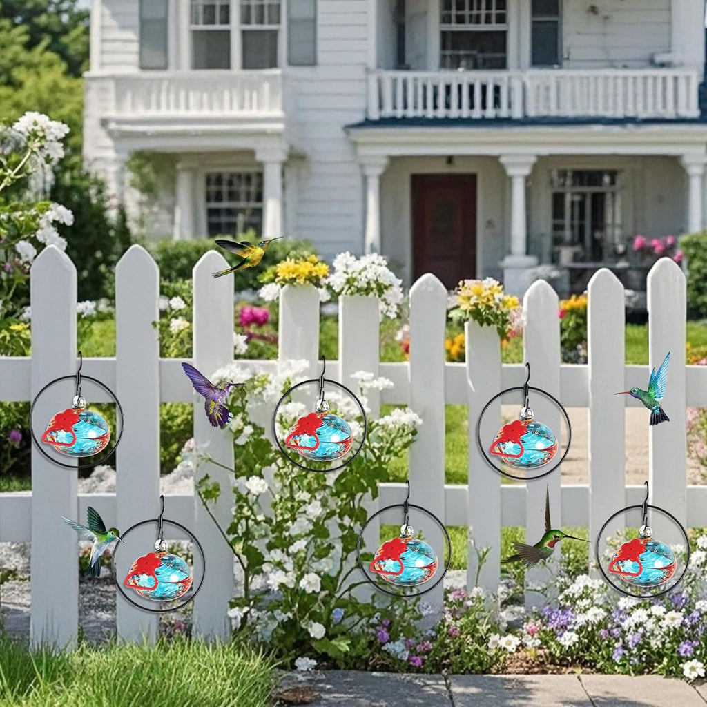 Flexible 6-Circular Hummingbird feeders for Outdoors Hanging Ant and Bee Proof,Hand Blown Glass Hummingbird Feeder with 6 Adjustable Silicone Perch(Blue)