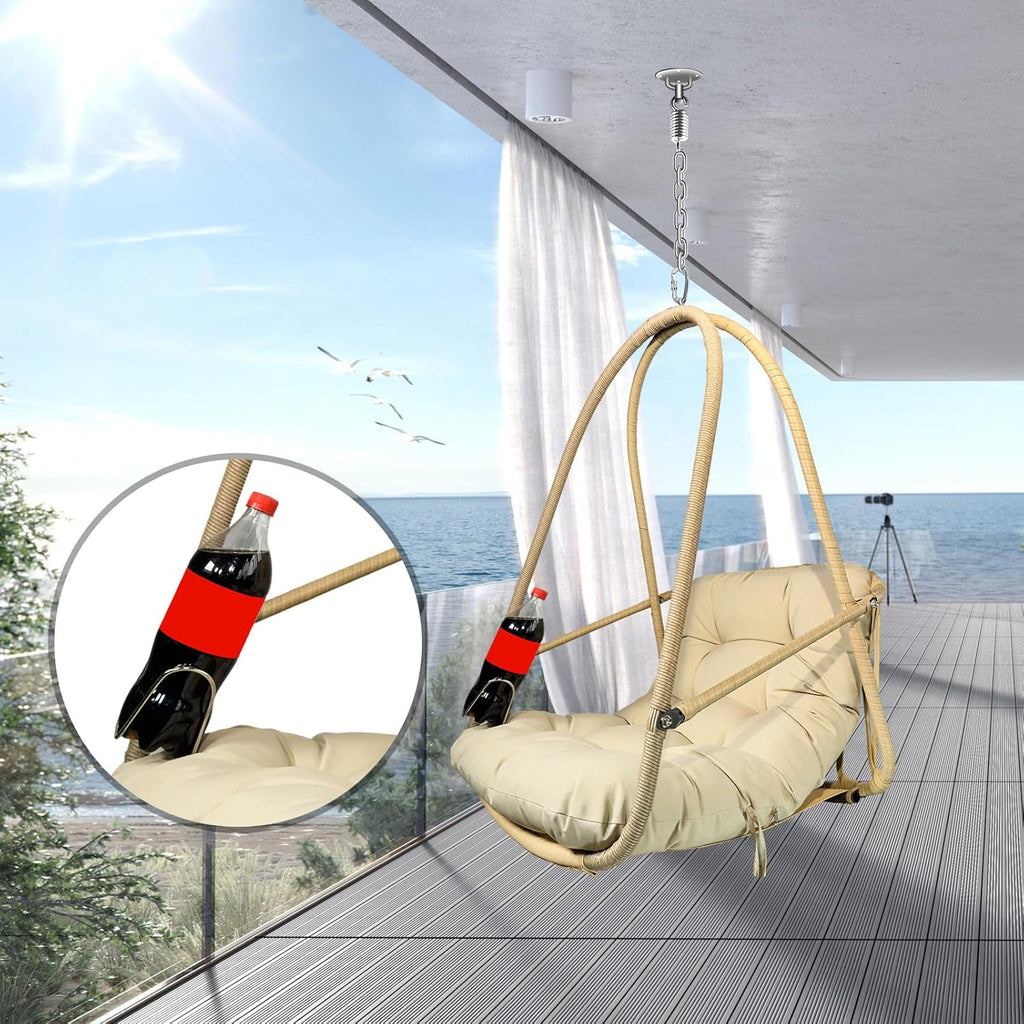 JESE Swing Egg Chair Without Stand Foldable Frame Hanging Chairs for Indoor Outside,with UV Resistant Waterproof Cushion&Cup Holder,Swing Hammock Chair for Patio,Bedroom,Balcony,Garden,Backyard,Khaki