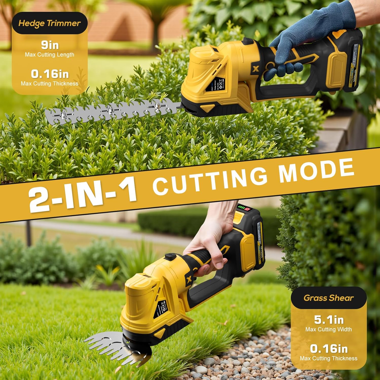 Cordless Hedge Trimmer, 21V Electric Hedge Trimmer, 2 in 1 Handheld Grass Shear & Shrubbery Trimmer with 2 * 2.0Ah Batteries & Charger for Garden, Lawn