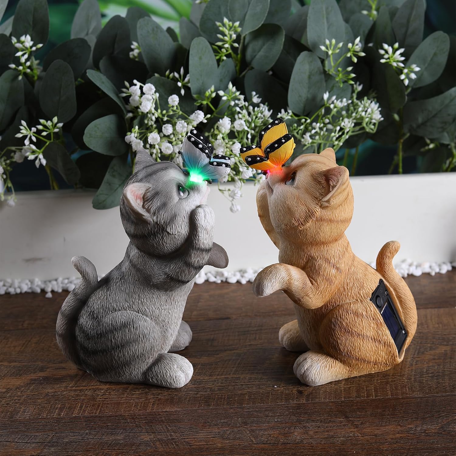 Solar Garden Statue Cute Cat Figurine Fun Color Changing LED Butterfly Light Outdoor Decor Waterproof Resin Sculpture Patio Lawn Art Housewarming Gifts for Cat Lovers Women