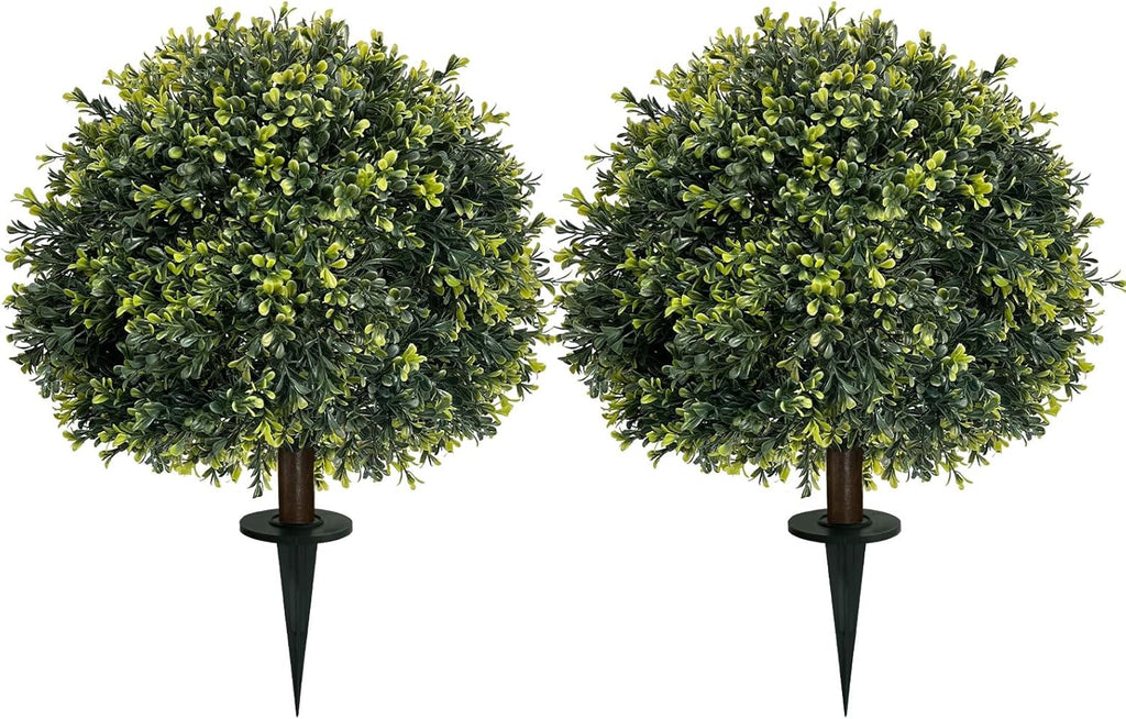 ICX 2 Pack 24" Artificial Boxwood Topiary Ball Trees with Ground Spike,Artificial Plants Outdoor,Fake Bushes & Shrubs for Porch, Garden, Front Porch Decor - Indoor/Outdoor Faux Plants
