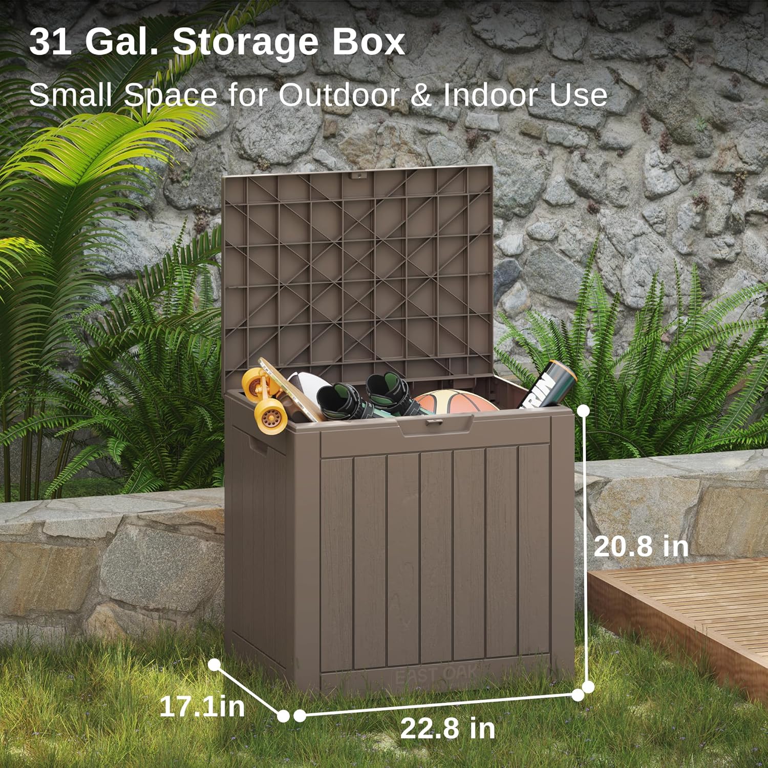 EAST OAK Outdoor Storage Box, 31 Gallon Deck Box, Waterproof Resin Storage Bin for Patio Cushions, Gardening Tools, Accessories, Lockable, UV Resistant, Brown