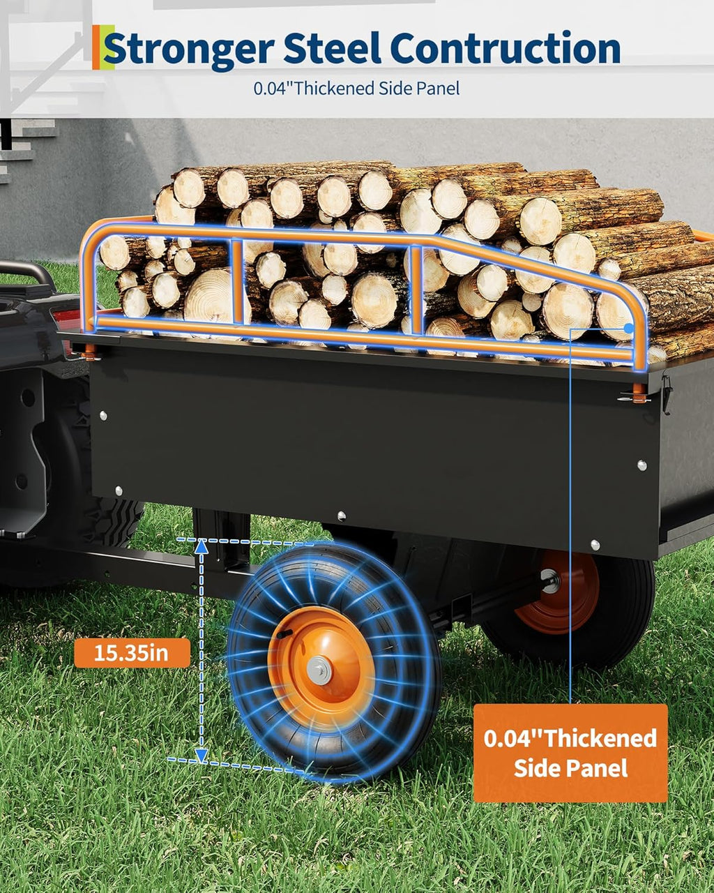 Heavy Duty ATV Trailer Steel Dump Cart, 750 LBS 15 Cubic Feet, Garden Utility with Removable Sides for Riding Lawn Mower Tractor