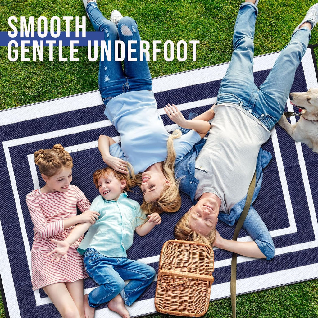 OLANLY Outdoor Rug 6x9 ft Waterproof, Reversible Outdoor Plastic Straw Rug, RV Mat, Indoor Outdoor Carpet Clearance for Patio, Camping, Balcony, Deck, Backyard, Navy & White