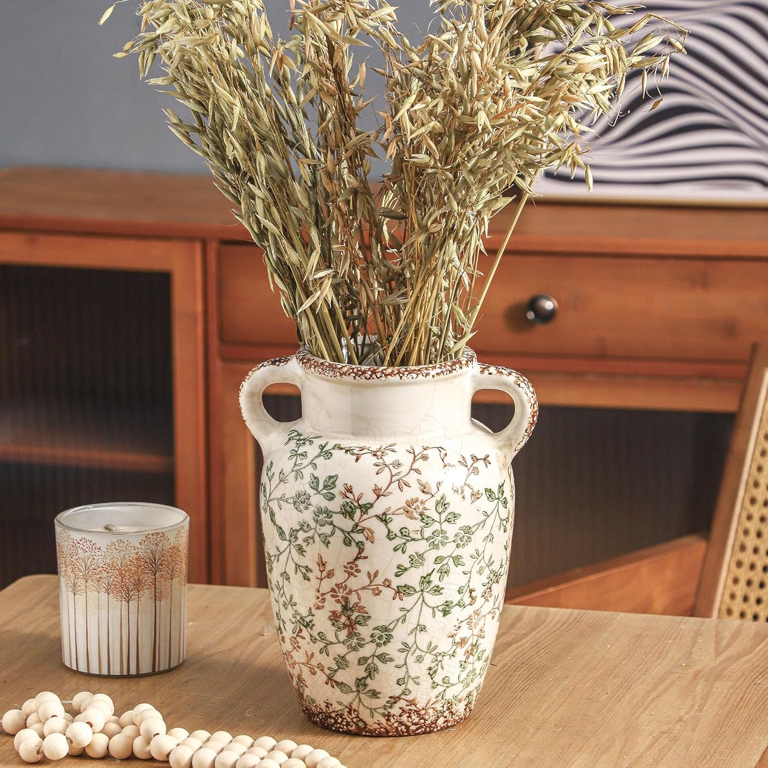 Enra Farmhouse Vintage vase with Handle,9.4 in Ceramic Chinoiserie Floral Vase,Green and Beige Decorative Flower vase,Large Rustic Vases for Home Decors, Living Room, Bookshelf, Office