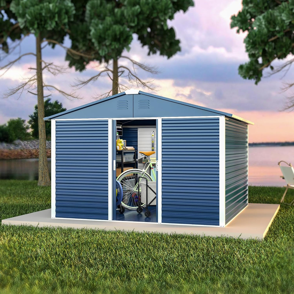 Metal Outdoor Storage Shed 10FT x 10FT, Steel Utility Tool Shed Storage House with Sliding Door, Metal Sheds Outdoor Storage for Backyard Garden Patio Lawn, Blue
