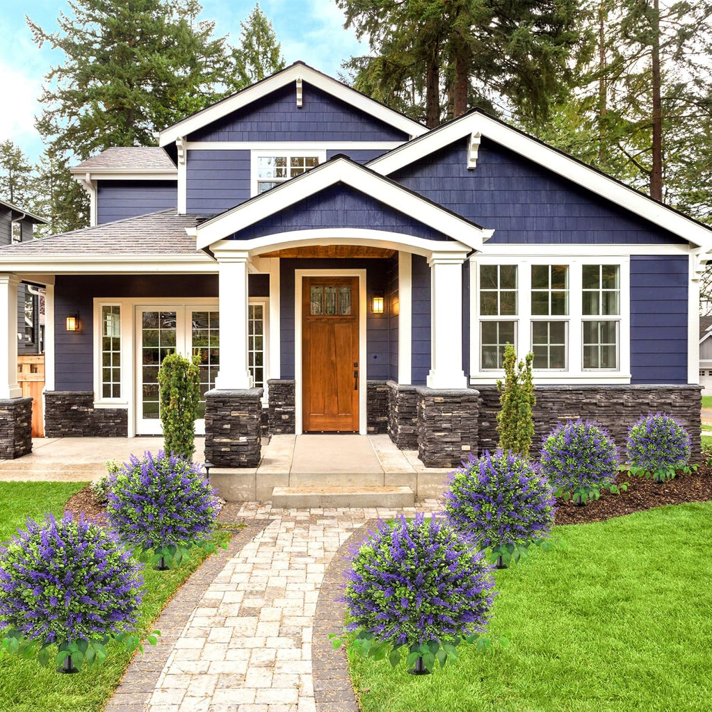 28" Artificial Boxwood Topiary Ball with Lavender, UV Resistant Topiary Tree Faux Boxwood Ball Shaped Porch Bushes with Ground Spike Artificial Bushes for Outdoors Front Door Decor Home Garden