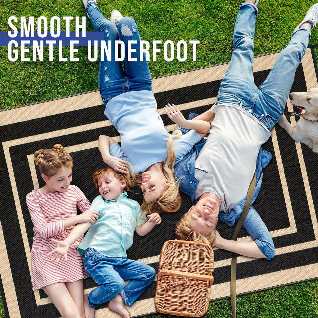 OLANLY Outdoor Rug 8x10 ft Waterproof, Reversible Outdoor Plastic Straw Rug, RV Mat, Indoor Outdoor Carpet Clearance for Patio, Camping, Balcony, Deck, Backyard, Black & Beige