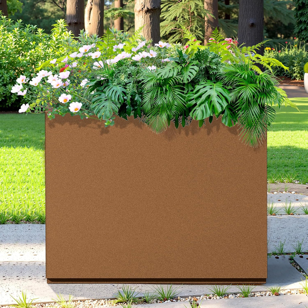Rectangle Planter for Indoor & Outdoor, Tall and Long Planter Boxes with Drainage Holes, Mental Divider Planter Box All-Weather Use for Plants, Flowers, 29.9" L x 12" W x 24" H, Brown