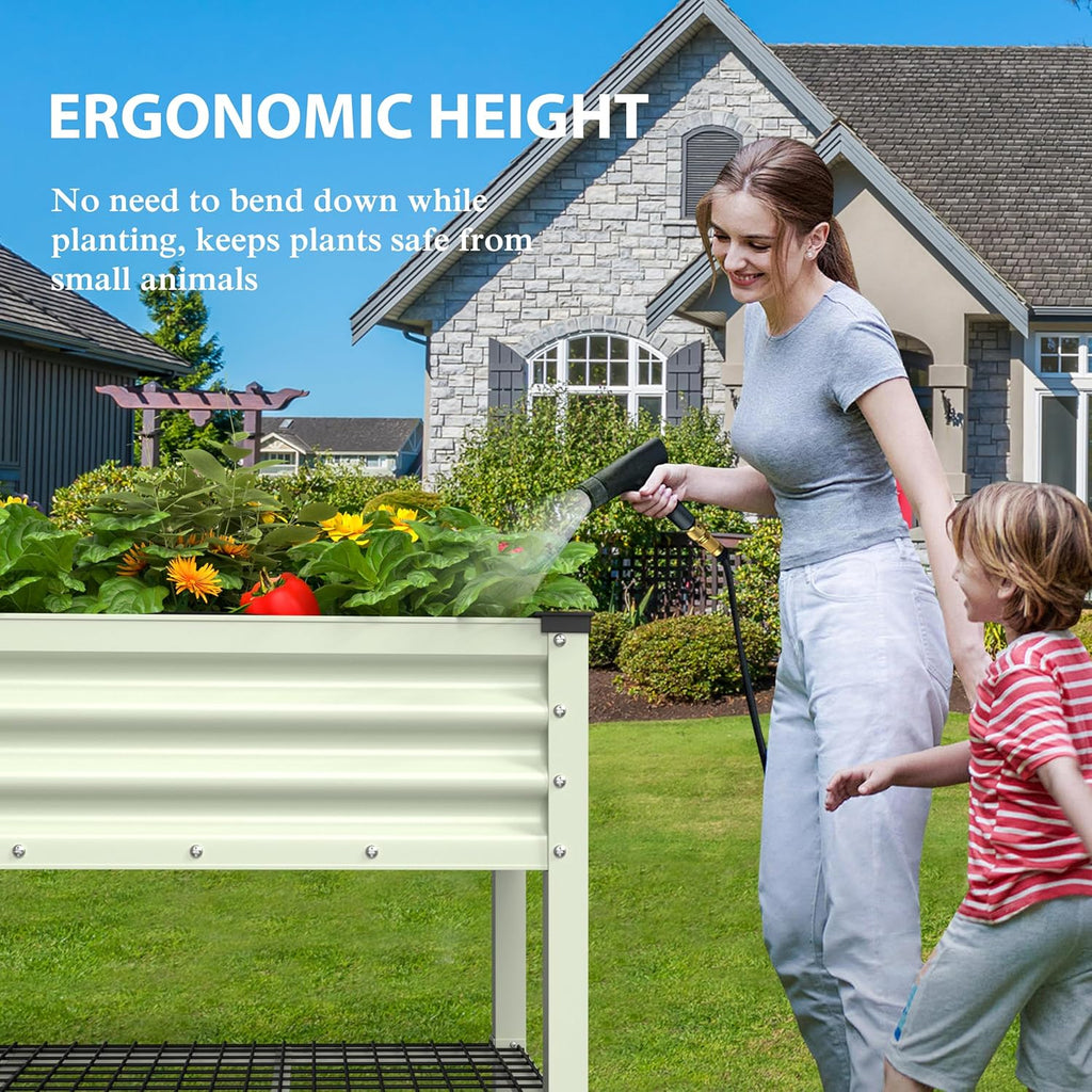 MUPATER 47.8" L x 23.5" W x 33.5" H Galvanized Steel Raised Garden Bed, 507lbs Capacity Large Metal Elevated Raised Planter Box with Rolling Casters & Extra Bottom Shelf for Patio, Balcony, Beige