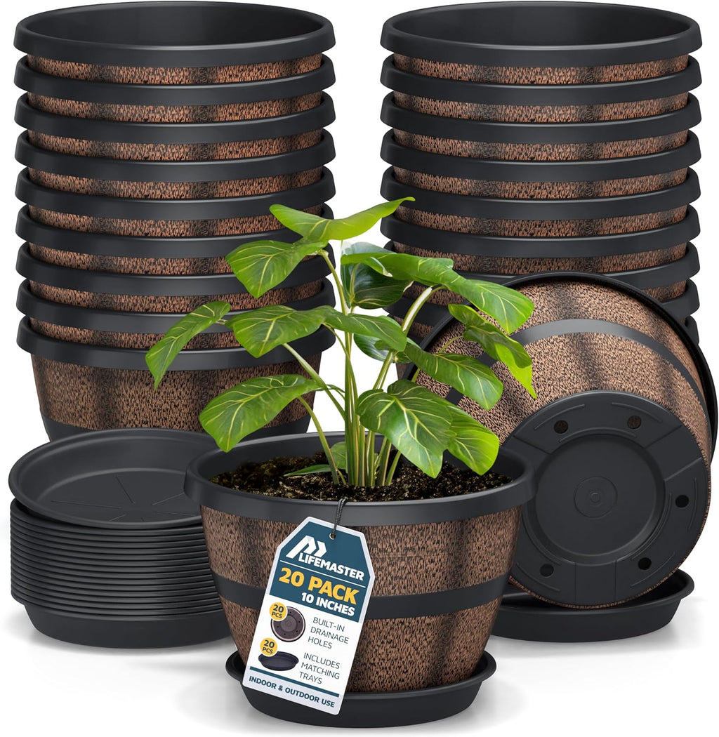 10-Inch Whiskey Barrel Planters Outdoor Pack of 20 - Durable Plastic Plant Pots for Indoor & Outdoor Use with Drainage & Saucer, Lightweight Rustic Barrel Planters for Flowers, Herbs & Small Plants