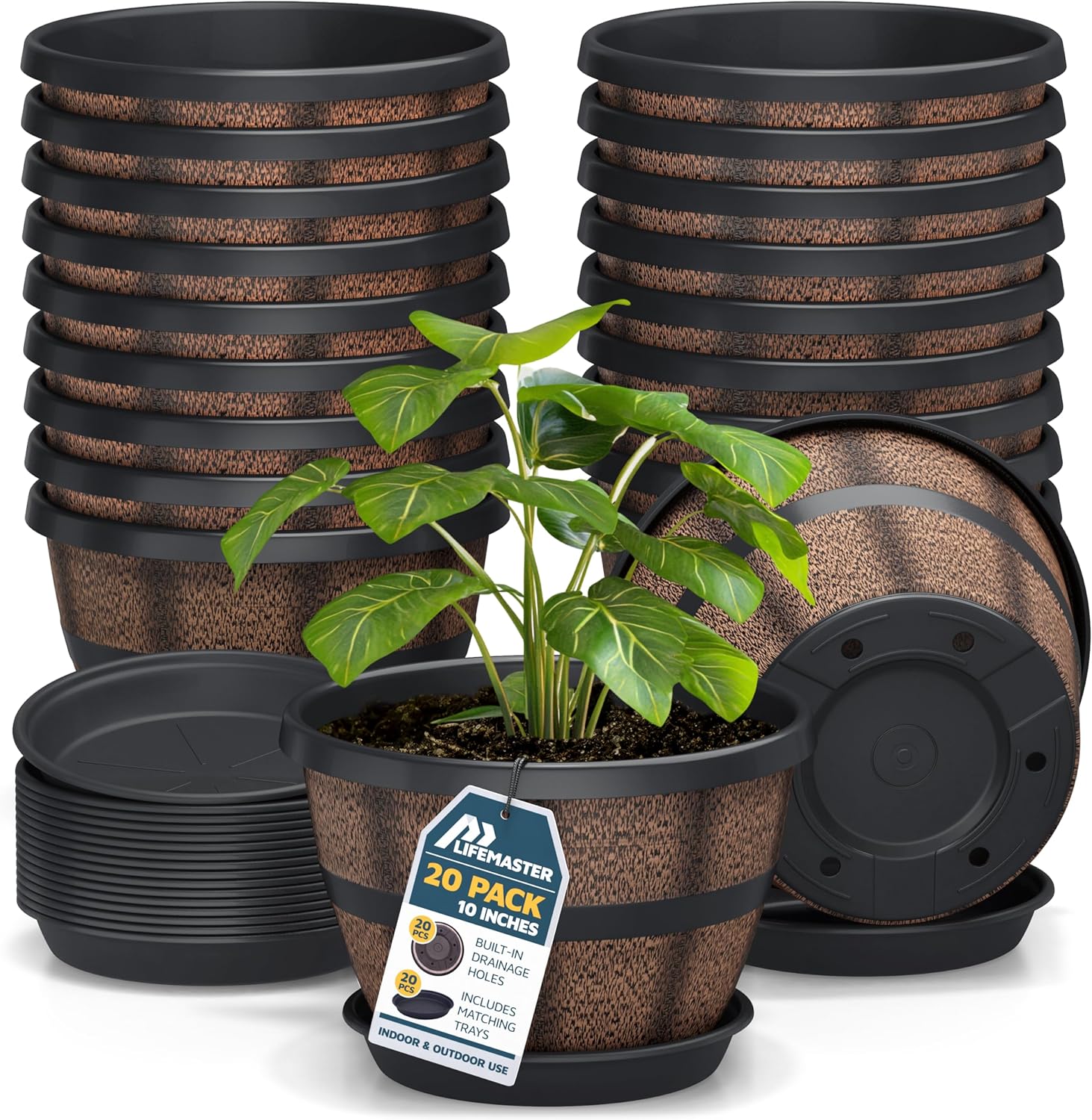 10-Inch Whiskey Barrel Planters Outdoor Pack of 20 - Durable Plastic Plant Pots for Indoor & Outdoor Use with Drainage & Saucer, Lightweight Rustic Barrel Planters for Flowers, Herbs & Small Plants