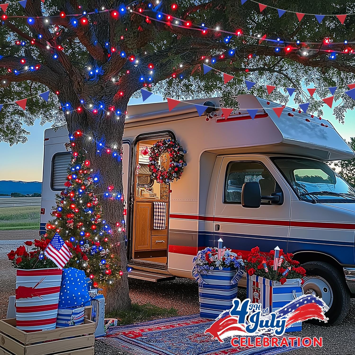 JMEXSUSS 4th of July Decorations Red White and Blue Lights, 33ft 100 LED String Light Indoor Plug-in, 8 Modes Patriotic 4th of July Lights for Indoor Outdoor Independence Day American Flag Holiday