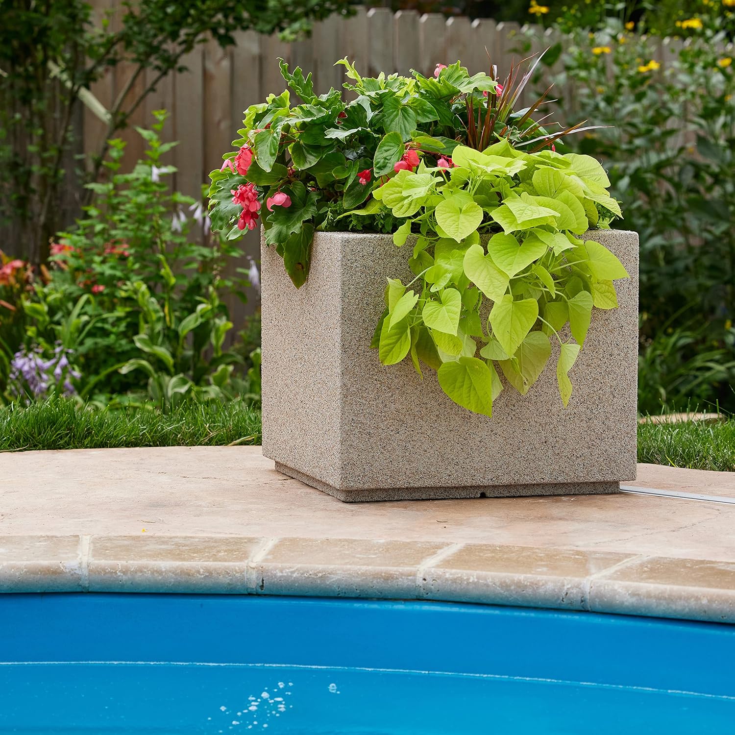 PolyStone Monterray Modern Outdoor/Indoor Square Planter, 23" L x 23" W x 19" H, Lightweight, Heavy Duty, Weather Resistant, Polymer Finish, Commercial Grade and Residential (Sandstone Granite)