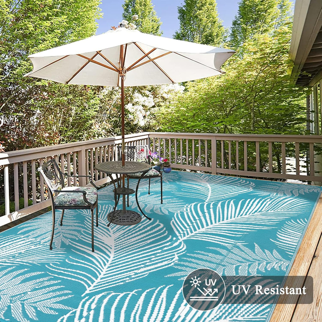 Pauwer Waterproof Outdoor Rug 9x12, Reversible Plastic Straw Patio Camping Rug, Indoor Outdoor RV Mat Carpet for Deck, Camper, Porch, Balcony, Backyard, Picnic, Leaf Teal