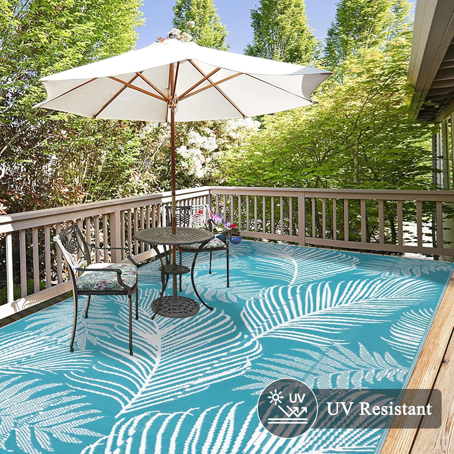 Pauwer Waterproof Outdoor Rug 9x12, Reversible Plastic Straw Patio Camping Rug, Indoor Outdoor RV Mat Carpet for Deck, Camper, Porch, Balcony, Backyard, Picnic, Leaf Teal