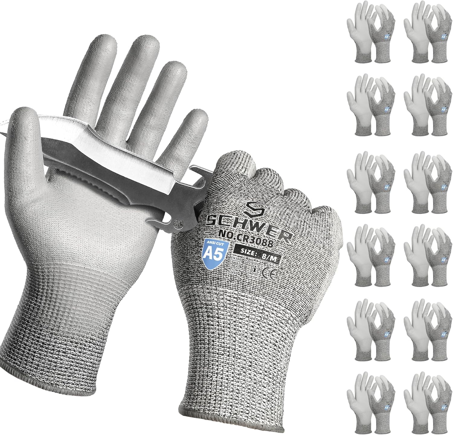 Schwer 12 Pairs ANSI A5 Cut Resistant Work Gloves, Cut Proof Gloves with PU Coating, Used for Metal Fabrication, WoodWorking, Construction, Non Slip, Durable, M, CR3088