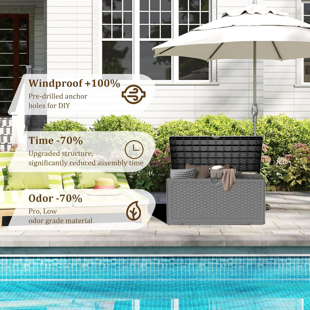 Upgrade 80 Gallon Waterproof Large Resin Deck Box Indoor/Outdoor Lockable Storage Container and Seating for Garden, Pool, and Patio (80 Pro Gallon, Black)