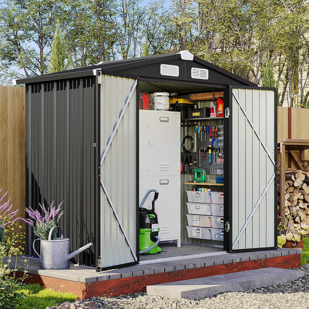 6x4 FT Outdoor Storage Shed, Metal Garden Tool Shed with Sloping Roof & Lockable Door for Patio Lawn Backyard (Black)