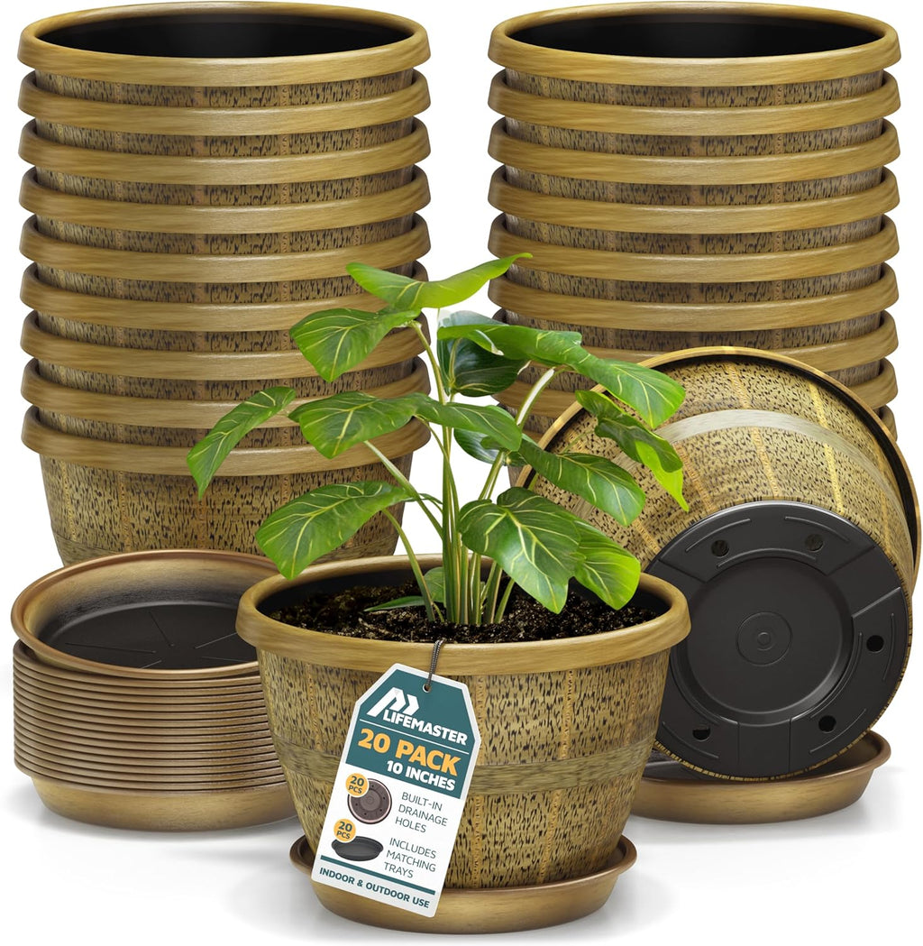 10-Inch Whiskey Barrel Planters Outdoor Pack of 20 - Durable Plastic Plant Pots for Indoor & Outdoor Use with Drainage & Saucer, Lightweight Rustic Barrel Planters for Flowers, Herbs & Small Plants
