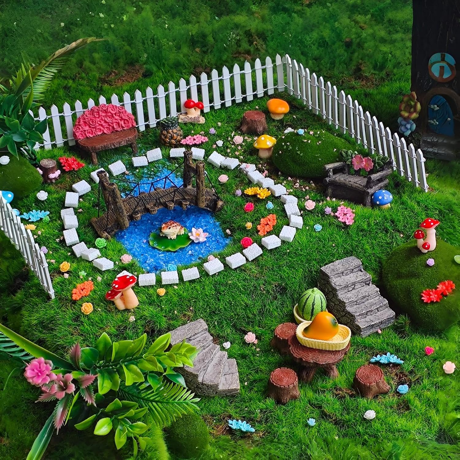 Kai Dream Fairy Garden Accessories, Fairy Garden Kit, 118 Pieces of Miniature Decor: Mushrooms, Bridge, Steps, Moss, Furniture Figurines, Fake Fence, Flowers, and Blue Crystal Gravel