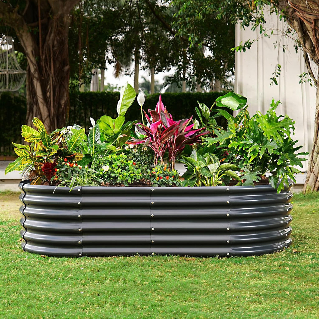 Land Guard Galvanized Metal Raised Garden Bed Kit, 8x4x1.5ft Large Planter Boxes Outdoor, Oval Gardening Box, Patio Garden Planter Box for Vegetables (Grey)