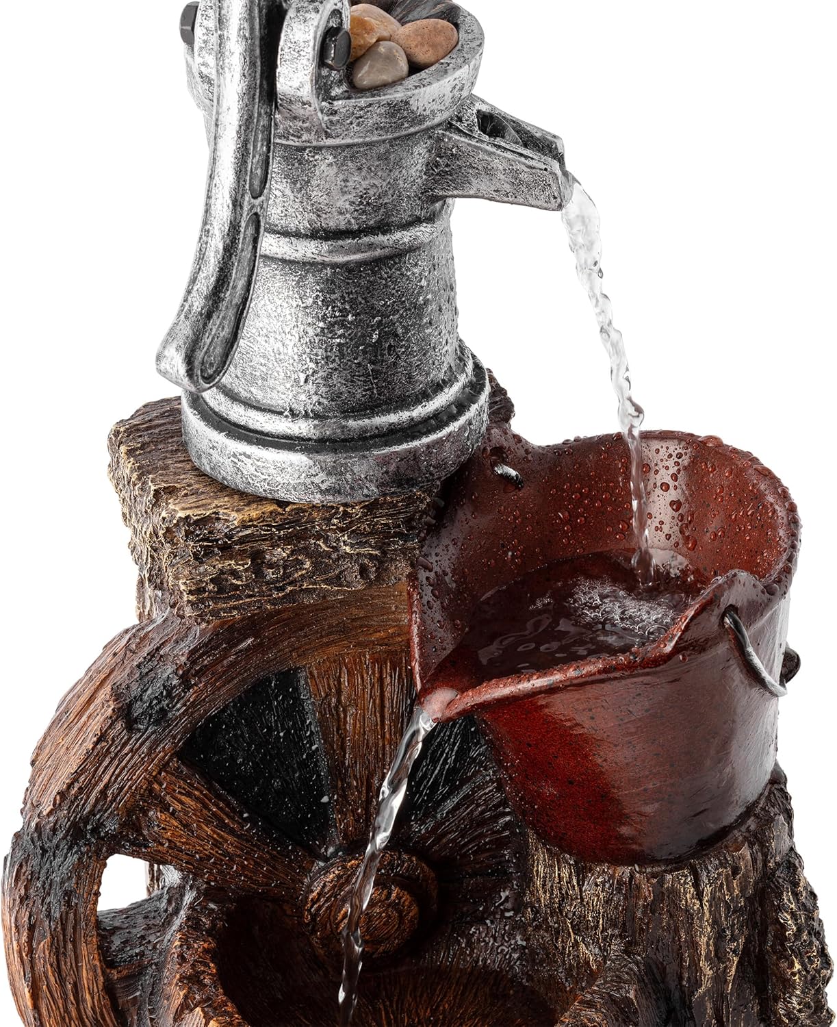 Alpine Corporation WCT688 Outdoor Floor Tiered Rustic Barrel and Pump Water Fountain, Old-Fashioned Waterfall , 24", Brown