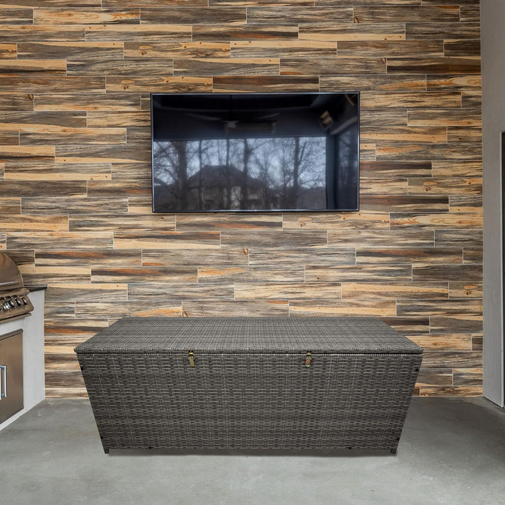 Oakland Living Grey Indoor and Outdoor Balcony Patio Deck Porch Pool 113 Gallon Wicker Storage Box Trunk Bin with Metal Frame