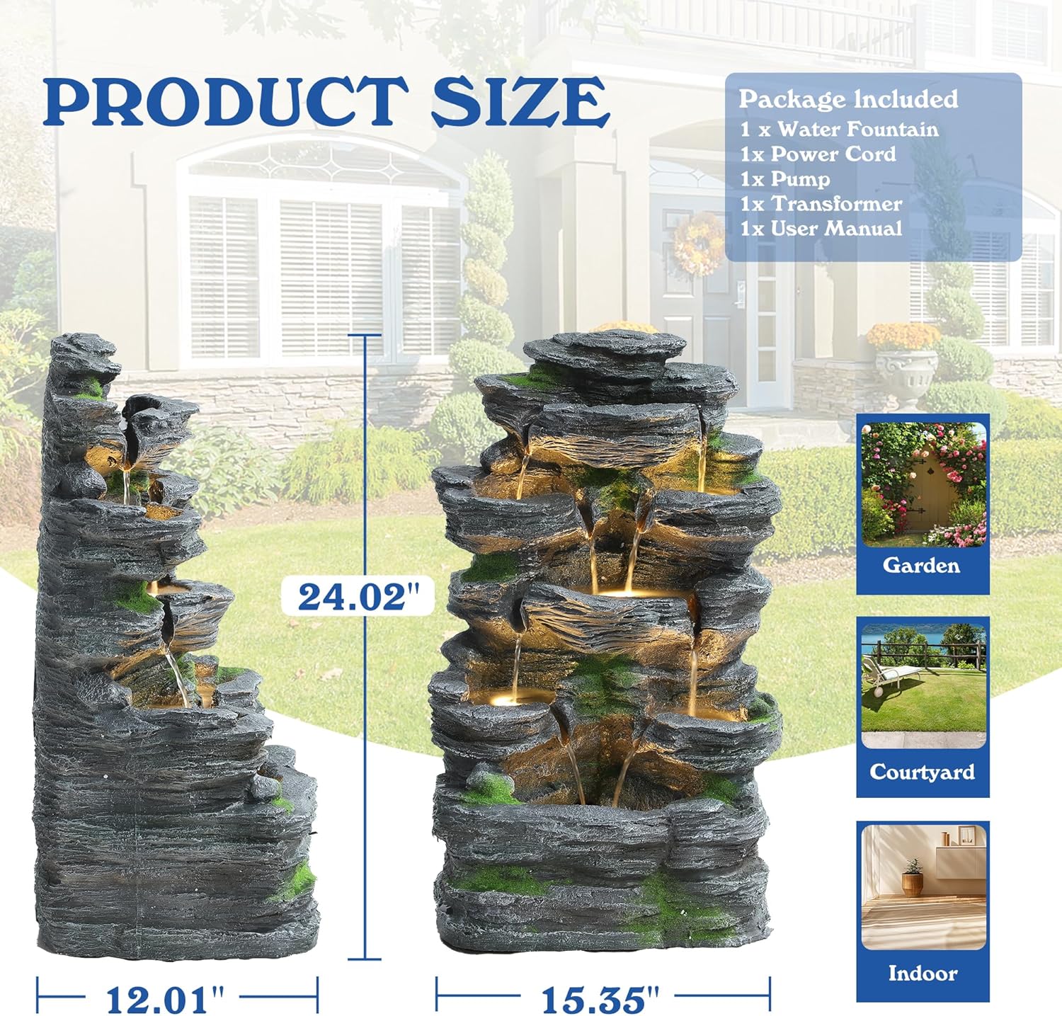 Cascading Rock Water Fountain Outdoor - Waterfalls Fountains with LED Lights, Outdoor/Indoor Resin Fountain for Patio, Garden, Backyard, Deck, Porch, Home Art Docor (24" H)