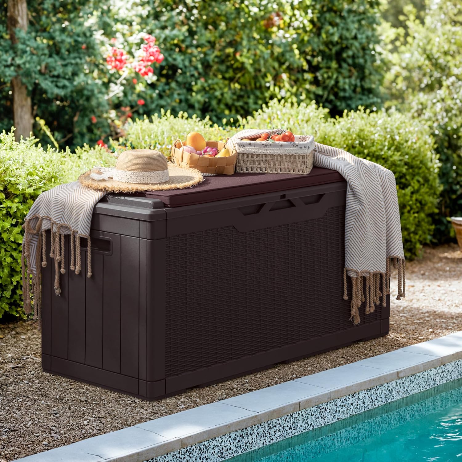 Greesum 100 Gallon Resin Deck Box Large Outdoor Storage with Cushions for Patio Furniture, Garden Tools, Pool Supplies, Weatherproof and UV Resistant, Lockable, Dark Brown