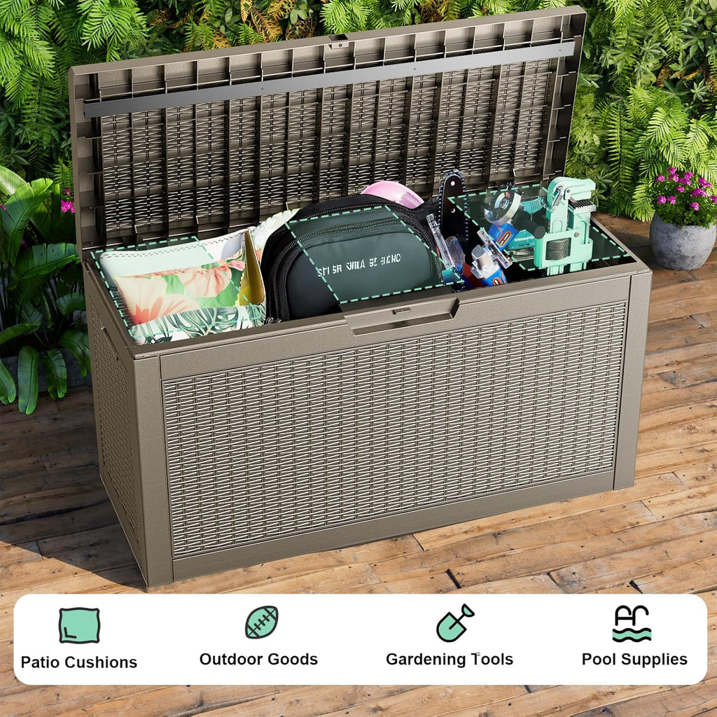 DRATO 60 Gallon Deck Box, Waterproof Resin Large Outdoor Storgae Box for Patio Furniture, Patio Cushions, Gardening Tools, Pool and Sports Supplies, Lockable