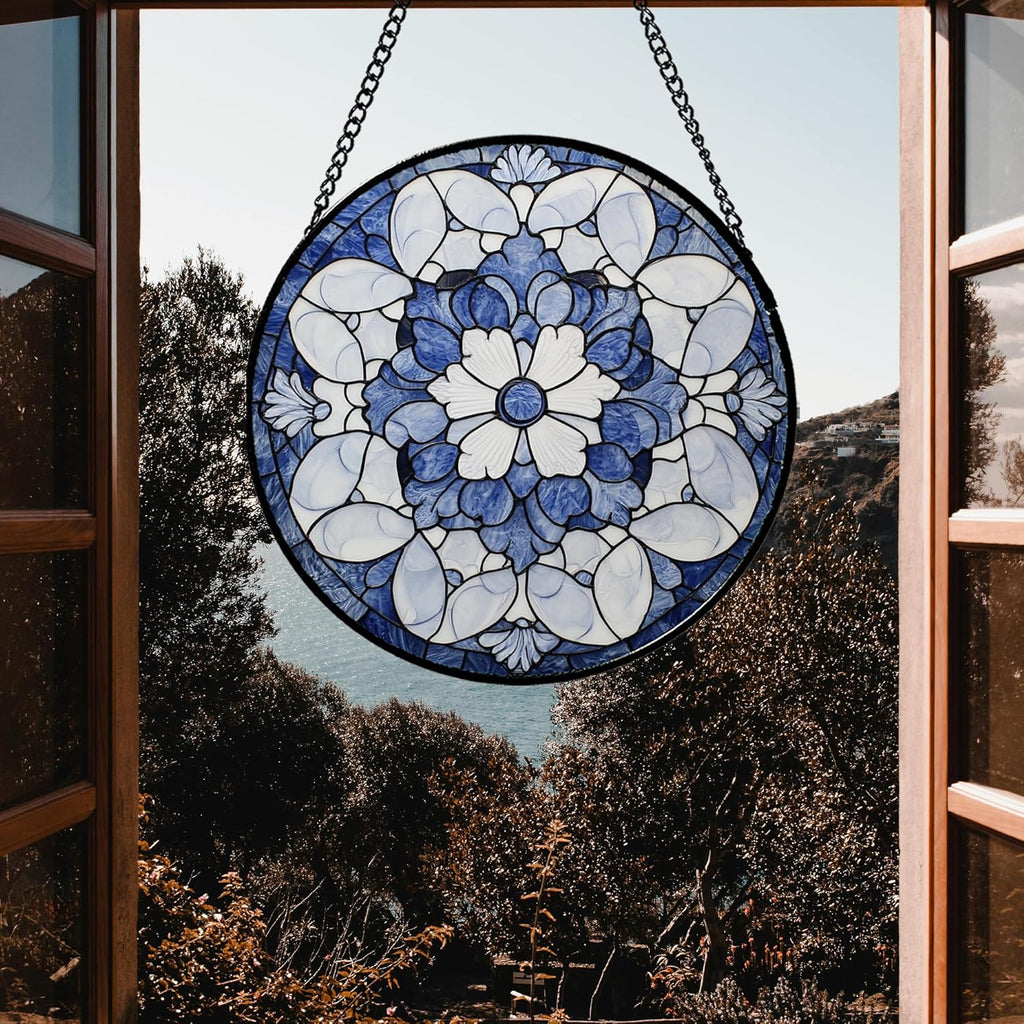 Stained Glass Window Hanging - Blue White Floral Pattern Suncatcher for Doors Garden Retro Sun Catchers Decor Christmas Mother's Day Birthday Gifts for Women Men Mom Nana Friend Girl 15 in