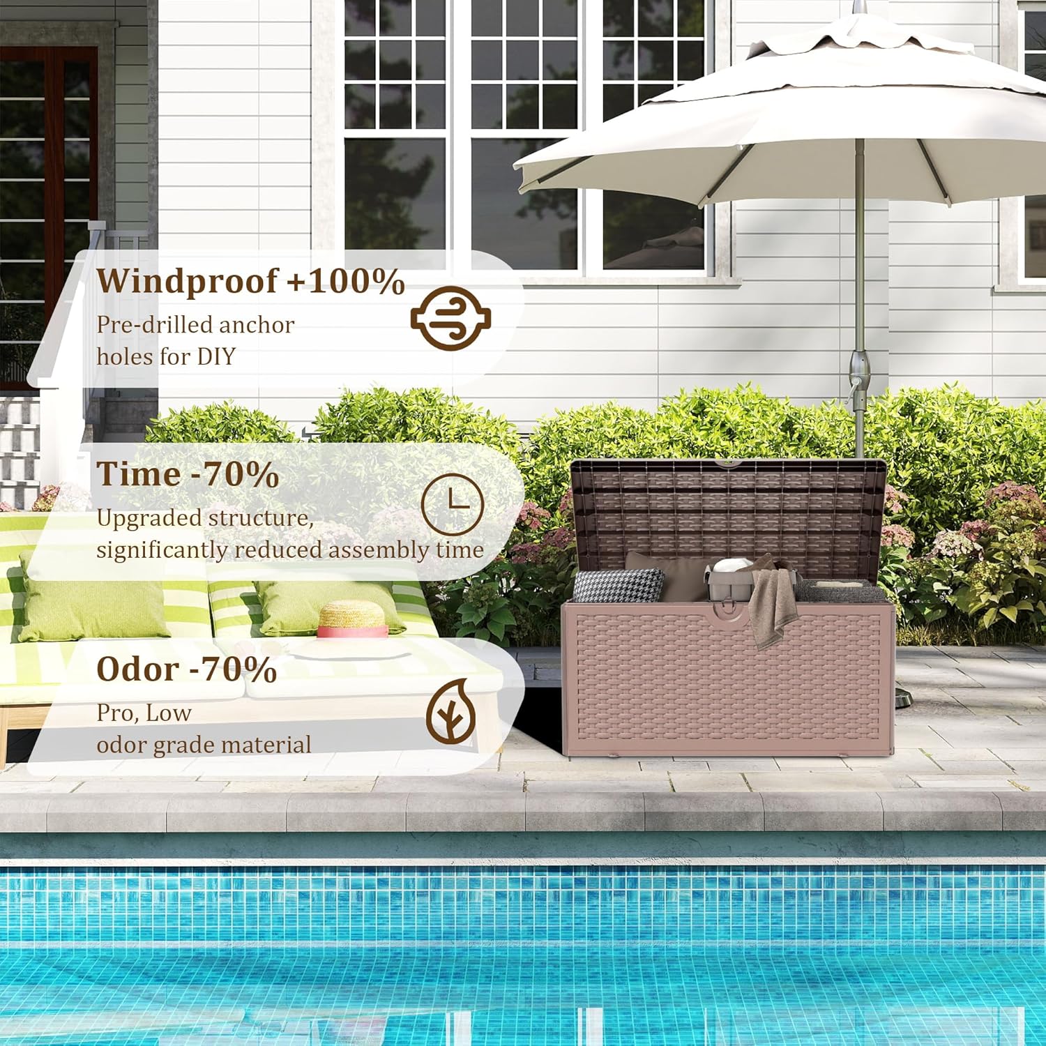80 Gallon Pro Resin Deck Box, Waterproof Outdoor Storage Bin for Patio, Poolside, and Garden, Lockable & UV-Resistant,Brown